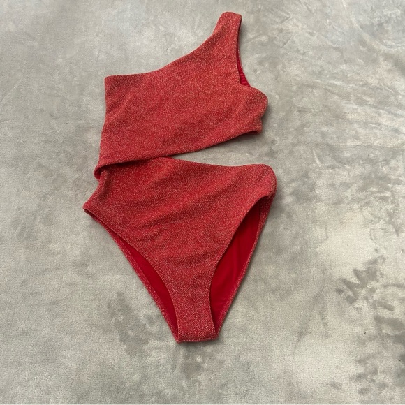 New! Beach Riot Red Metallic Celine One Shoulder One Piece Swimsuit 27916 - Picture 5 of 9